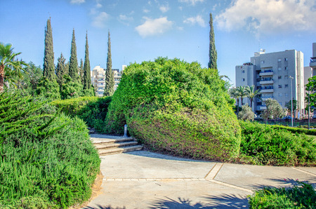 The memorial park of victims of Holocaust in the Carmel neighborhood in Rishon LeTsiyon, Israel. The concrete alleys run through carefully trimmed bushesの写真素材