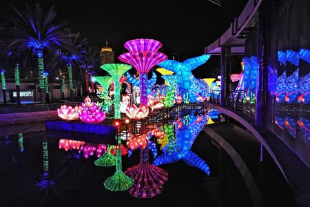 Amazing glowing garden at night. In the pool on the platform there are bright multi-colored inflatable structures: flowers, trees, a whale tail is visible. Reflection in water. All items are made from recycled materials.の写真素材