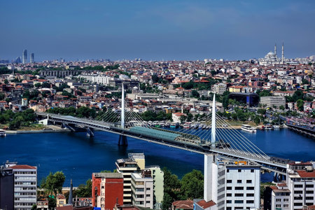 Panorama of Istanbul from above. In the foreground is the bridge over the Bosphorus. There are many old and modern city buildings in the distance. Summer sunny day. Turkeyのeditorial素材