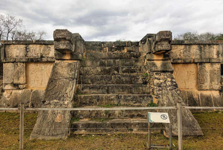 The architecture of the ancient Mayan city of Chichen Itza. Steps lead to the top of the stone...