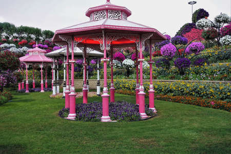 Park design. Openwork awnings on pink pillars stand on the lawn. Around - flower beds and flower arrangements of multi-colored petunias. Dubaiの写真素材