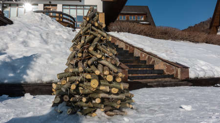 An unusual Christmas tree is made of improvised materials: tree branches and logs. Decorated with...