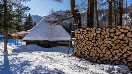 The wooden house-ail stands in a forest clearing. Snow on the roof. A pile of firewood is stacked...