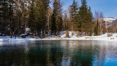 The forest grows on the snow-covered shore of an ice-free lake. Mountains against the blue sky....