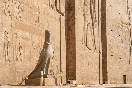 Sculpture of a falcon in a crown on the background of the wall of the temple of Horus in Edfu. Carvings of gods, hieroglyphs on stones are visible. The statue is damaged, standingの写真素材