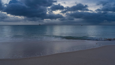 A quiet evening on the beach of a tropical island. The waves roll ashore. Openwork foam of waves on...