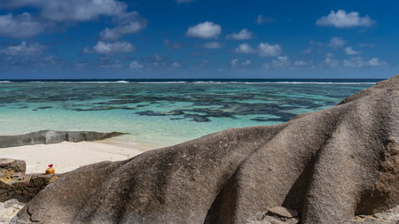 Coral colonies are visible through the clear turquoise water of the ocean. In the foreground is a granite boulder with smoothed slopes. On the stone is a coconutの写真素材