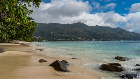 The waves of the turquoise ocean foam around the coastal boulders. The wet sand of the beach glitters. In the foreground are green branches. A hill against a background of blue skyの写真素材