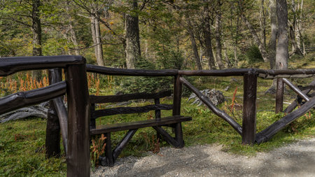 A picturesque wooden bench stands on the side of the road. There is a log fence nearby. Behind the forest. Tierra del Fuego National Park. Argentinaの写真素材