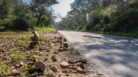 Langur monkey is sitting on the side of the road, tail spread on the ground. Stones are scattered around. The green vegetation of the jungle against the blue sky. India. Sariskaの写真素材