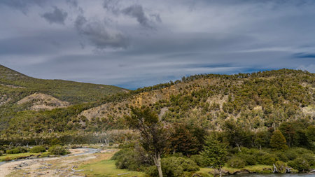 Landscape of Patagonia. The river winds through the valley. Green trees on the slopes of the mountains. Clouds in the blue sky. Argentina. Tierra del Fuego National Park.の写真素材