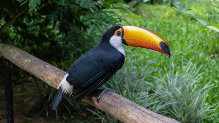 A bright colorful Big Toucan Ramphastos toco sits on a perch in a tropical park. Black and white...