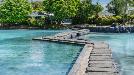A curving concrete footpath crosses a swimming pool with clear turquoise water. On the shore, among...