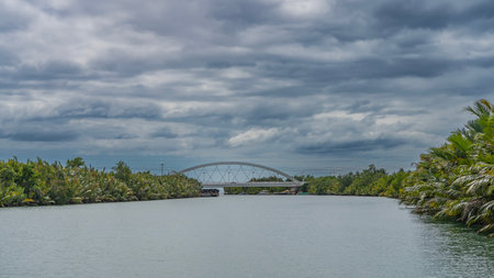A calm tropical turquoise river. A cable-stayed bridge is visible in the distance. Arches, metal strings stretched against the sky, clouds. Lush green vegetation, thickets of palmの写真素材