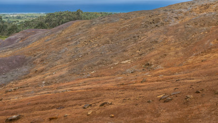 The unique 23 colored earth of Mauritius. Colorful sand hills in the foreground, in the distance - a valley with green vegetation, a blue ocean.の写真素材