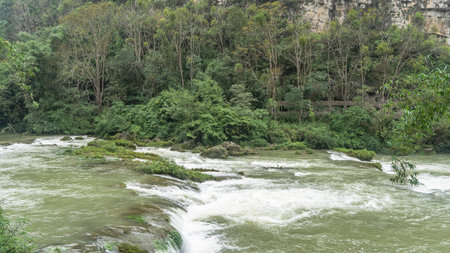 A stormy river. Streams of water foam on the rapids. Grass on coastal boulders. A green forest on the shore. China. Huangguoshu Waterfall area. Guizhouの写真素材