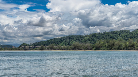 The coast of a tropical island is visible from the ocean. There are triangular thatched roofs among...