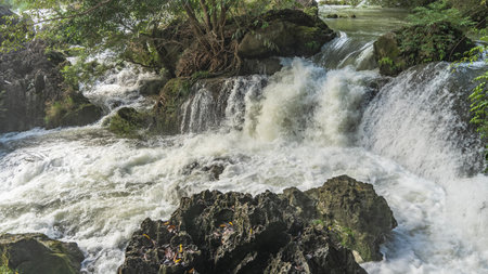A fragment of a turbulent mountain river. Stormy streams are foaming and bubbling on the rocks....