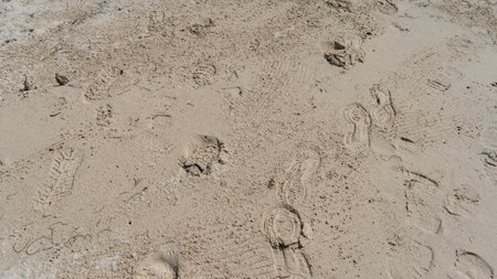 The surface of the sandy beach. Top view. There are shoe prints on the wet sand. A tiny sand bubbler...