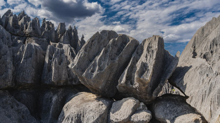 The unique karst cliffs of Madagascar. Close-up on a background of blue sky and clouds. Steep furrowed slopes, sharp peaks. Gray boulders in the foreground. Madagascar. Tsingyの写真素材