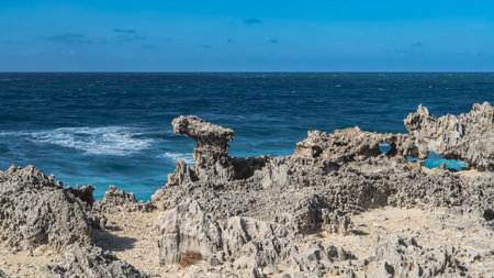 Rocky coast of a tropical island. Bizarre volcanic cliffs, sharp rocks. The waves are foaming in the endless blue ocean. Azure sky clouds. Mauritius. Lighthouse Island.の写真素材