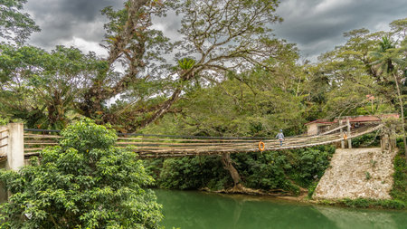 A Bamboo Hanging Bridge spans over a tropical river. A lifebuoy on the railing. A man is walking on a shaky path. Lush green vegetation on the shores. Philippines. bohol. Sipatanの写真素材