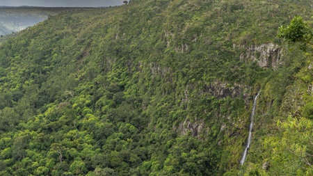 Mountain landscape with a tropical waterfall. A stream of water flows down a steep cliff face. Lush...