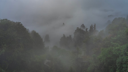 Mystical mountain landscape. The sharp peaks of the steep cliffs are shrouded in fog, hiding in the...