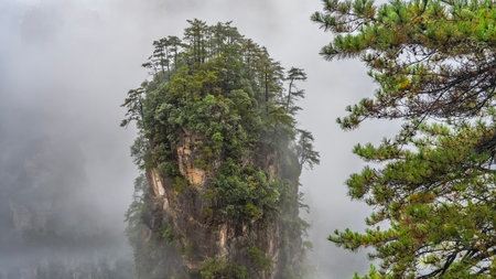 A tall mountain pillar is shrouded in fog. There is green vegetation on the top and steep slopes of...