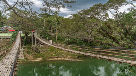 Two rickety Bamboo Hanging Bridges over a tropical river. The weaving of paths, unreliable railings...