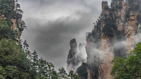 Misty mountain landscape. The bizarre sheer cliffs are shrouded in fog. Peaks in the clouds. Green vegetation on steep slopes and in the foreground. China. Golden Whip Brook.の写真素材