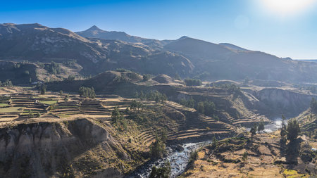 Beautiful high-altitude landscape. Agricultural terraces on the slopes. There is a river in the...