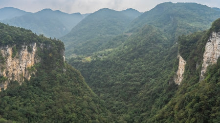 Beautiful mountain landscape. Thickets of green forest on steep slopes and in the gorge.