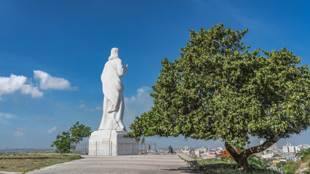 A huge statue of Christ made of white Carrara marble on a hilltop against the blue sky. Silhouettes of people on the observation deck. City in the distance. A green treeの写真素材