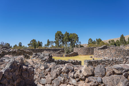 Ancient Inca architecture. Ruins of the fortress. Round stone qullqas. Green grass. Cacti are...