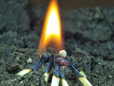 Combustion, fire. A burning match lying on the ground.