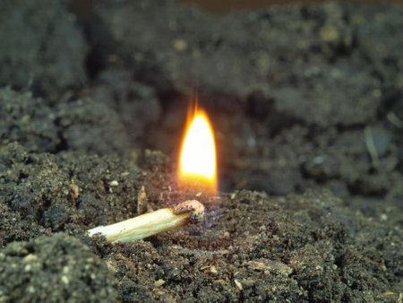 Combustion, fire. A burning match lying on the ground.