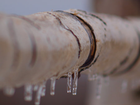 Cold weather. Icicle, ice on a birch log. The water froze.