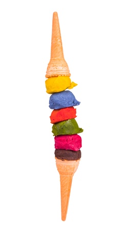 color ice creams with cone on white background の写真素材