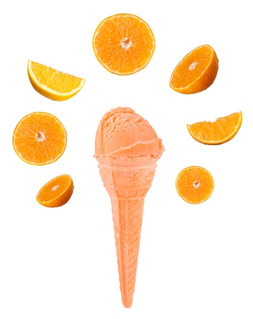 Orange ice creams with cone and fruits on white background の写真素材