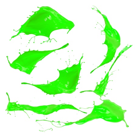 Green paint splashes collection on white background の写真素材