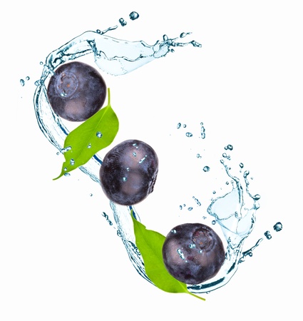 Blueberries with splash isolated on white の写真素材