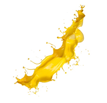 Shot of yellow paint splash, isolated on white background の写真素材