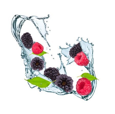 Water splash with blackberry, raspberry and leafの写真素材