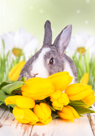 Easter baby rabbit with green grass on natute background