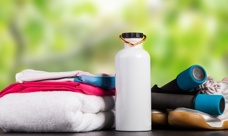 set for sports activities with nature green backgroundの写真素材