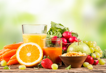 Fresh juice orange, Healthy drink on wood, breakfast concept, Nature fruits and vegetableの写真素材