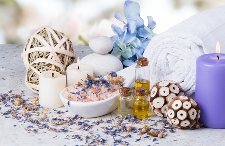 spa massage setting, lavender product, oilの写真素材
