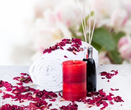 spa massage setting, rose product, oilの写真素材