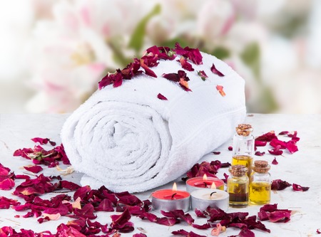 spa massage setting, rose product, oilの写真素材